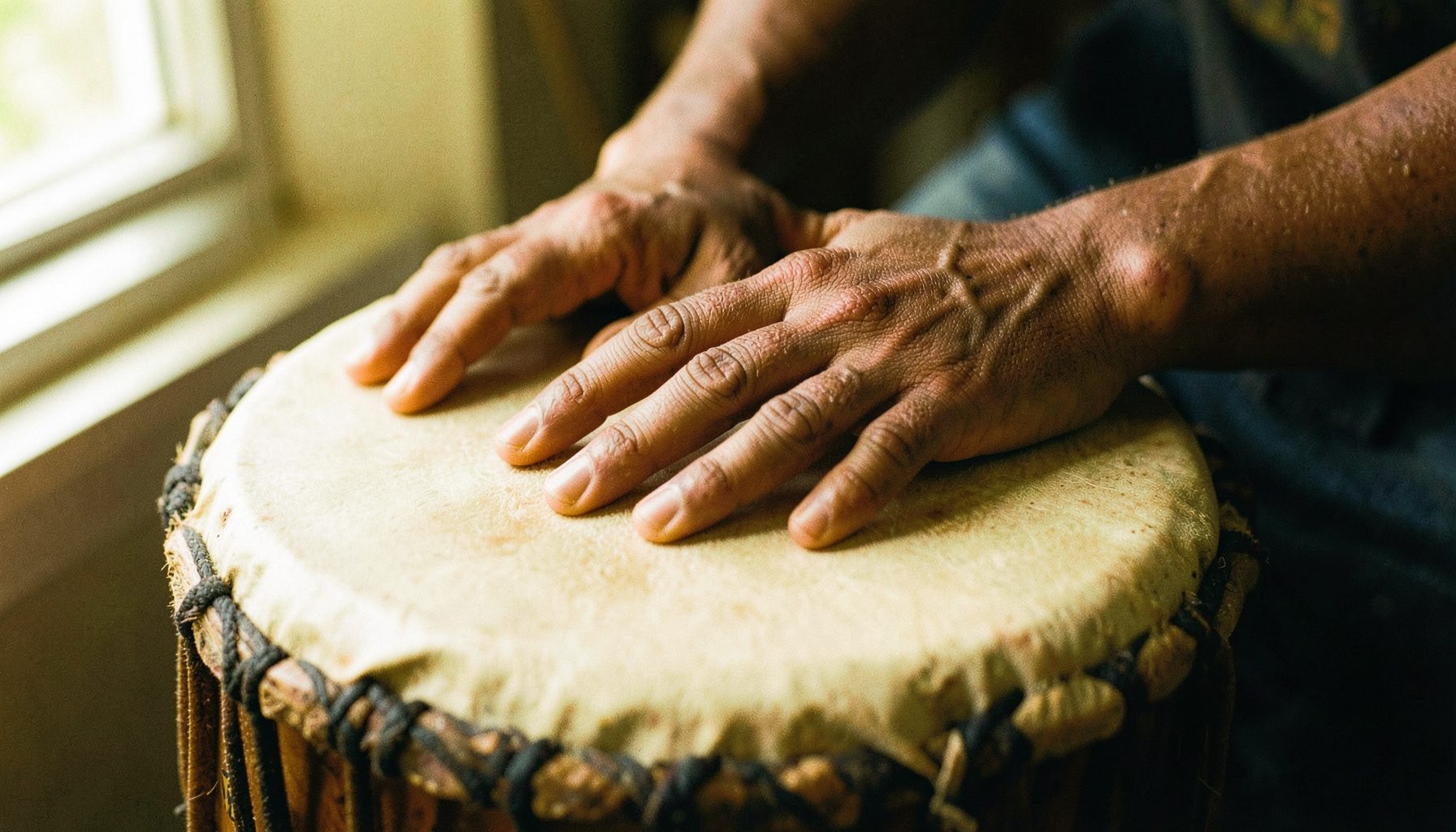 A close documentary view of hands resting on a djembe drum head, warm brown skin against stretched hide, soft natural light from a side window.