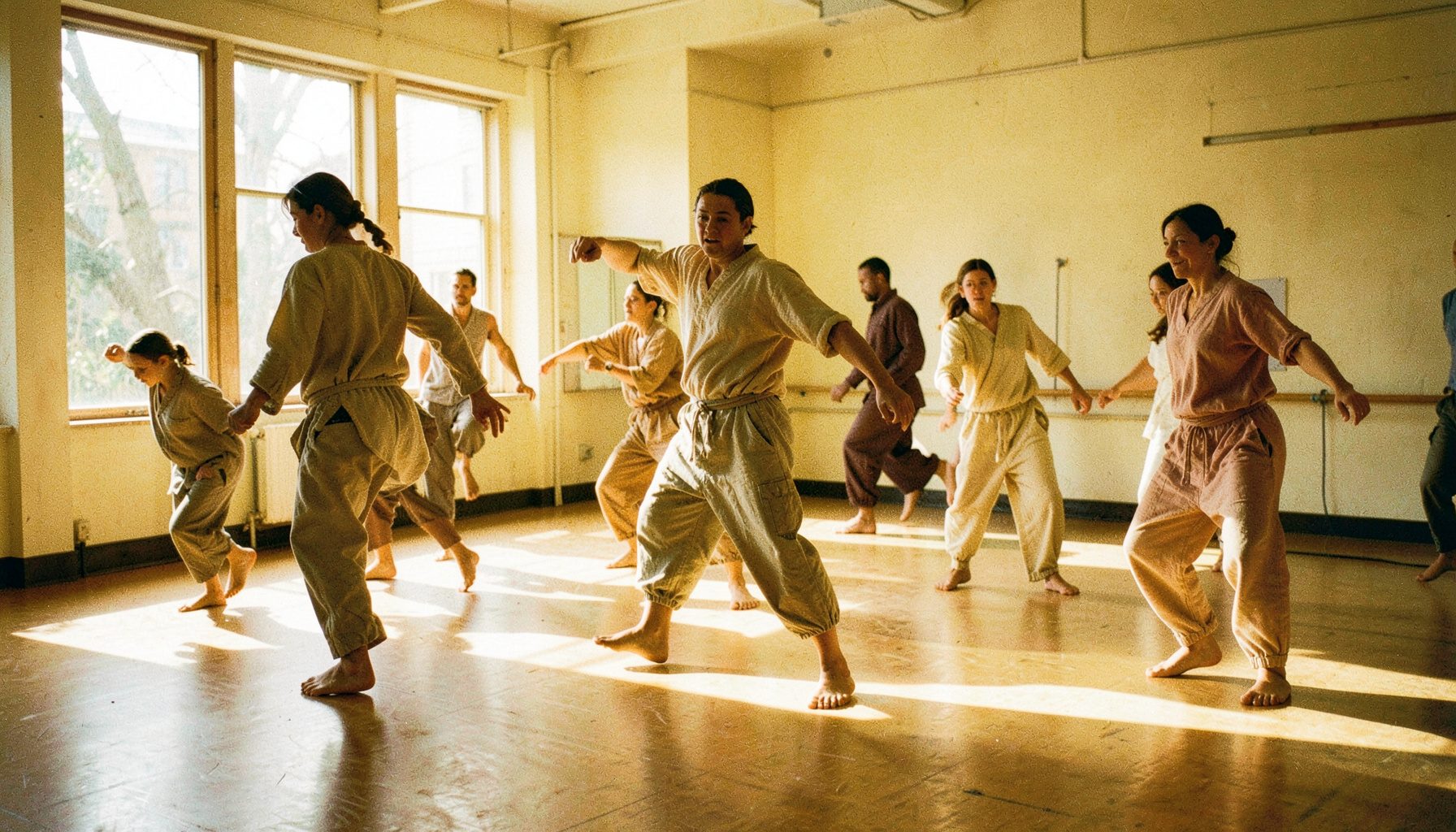 Dancers in loose rehearsal clothes moving across a sunlit studio floor, bodies in mid-gesture, the room filled with earthy browns and creams.