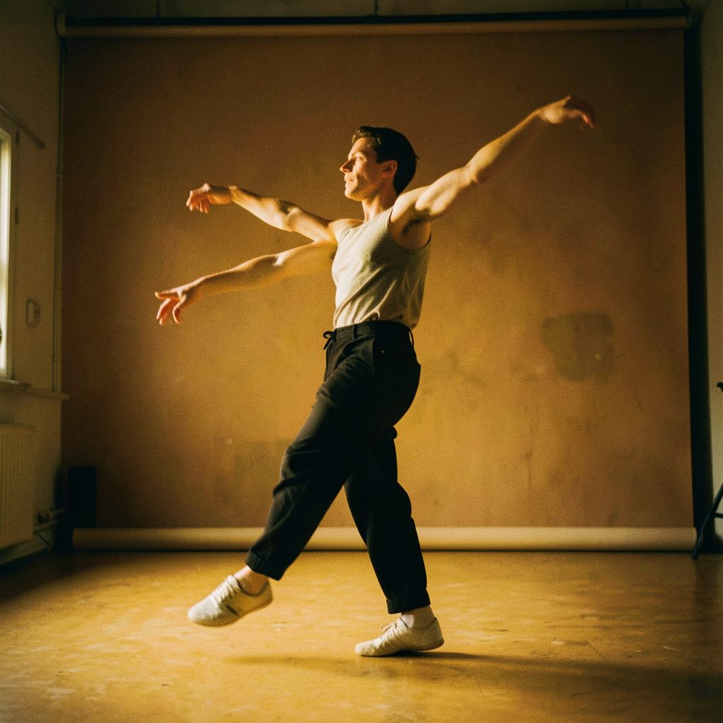 A candid documentary photograph of a dancer in motion against a warm, dimly lit studio backdrop, rich earth tones and soft amber light.
